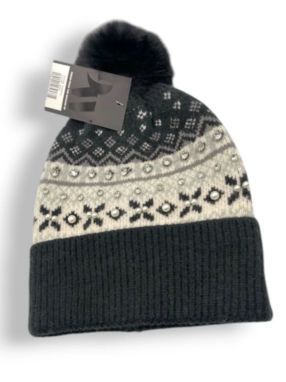 Nine West Fair Isle Faux Fur Trim Beanie Grey with Jewels RHINESTONES Knit Hat